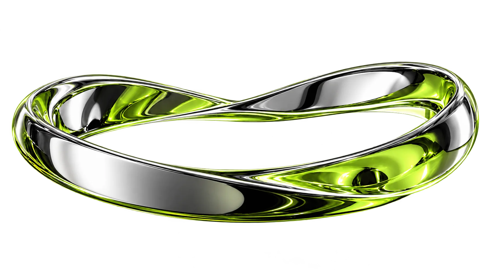 A continuous sculpture of silver and lime refracting glass
